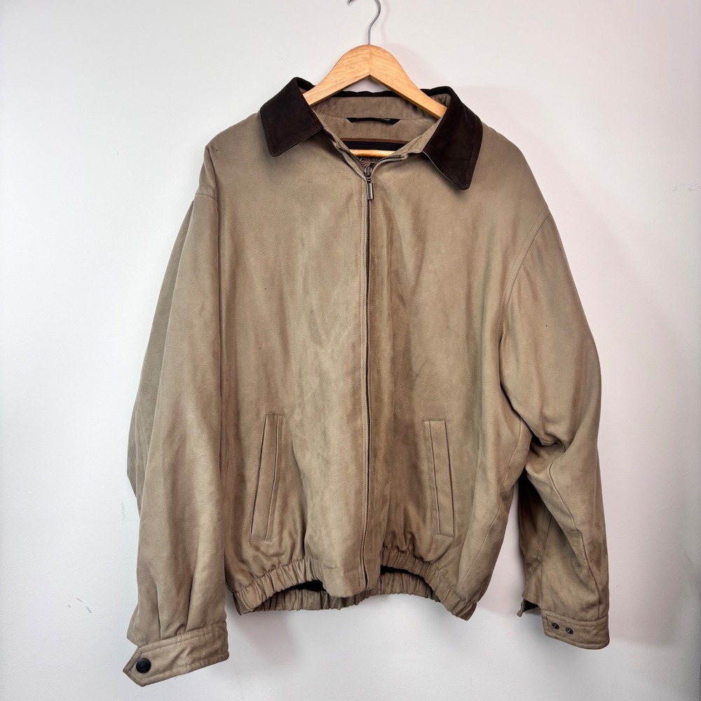 Vintage Weatherproof Tan Suede Bomber Jacket Men L Contrast Brown Collar 90s